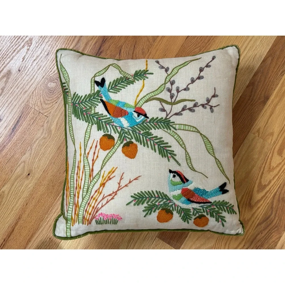 Set of 4 Vintage Crewel Embroidered Throw Pillows Birds Florals Cottagecore